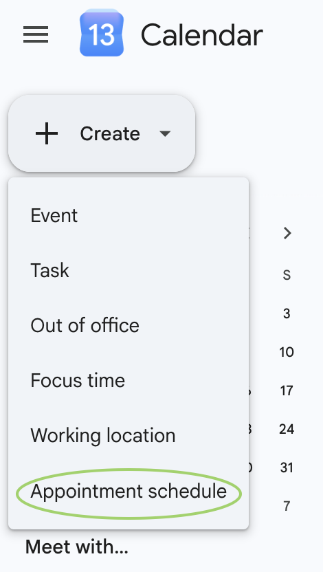 Google Calendar Create menu with Appointment schedule highlighted