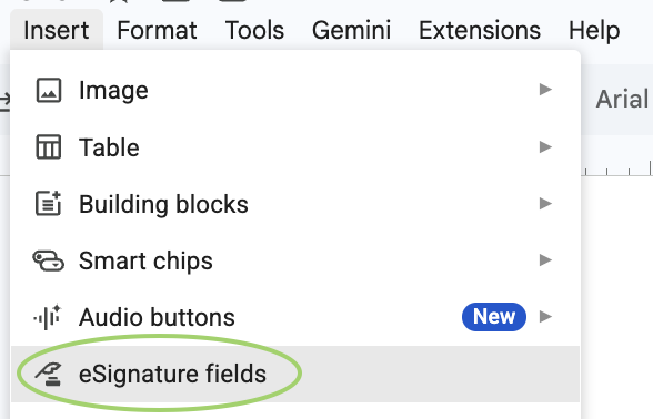 Google Docs Insert menu with eSignature fields highlighted