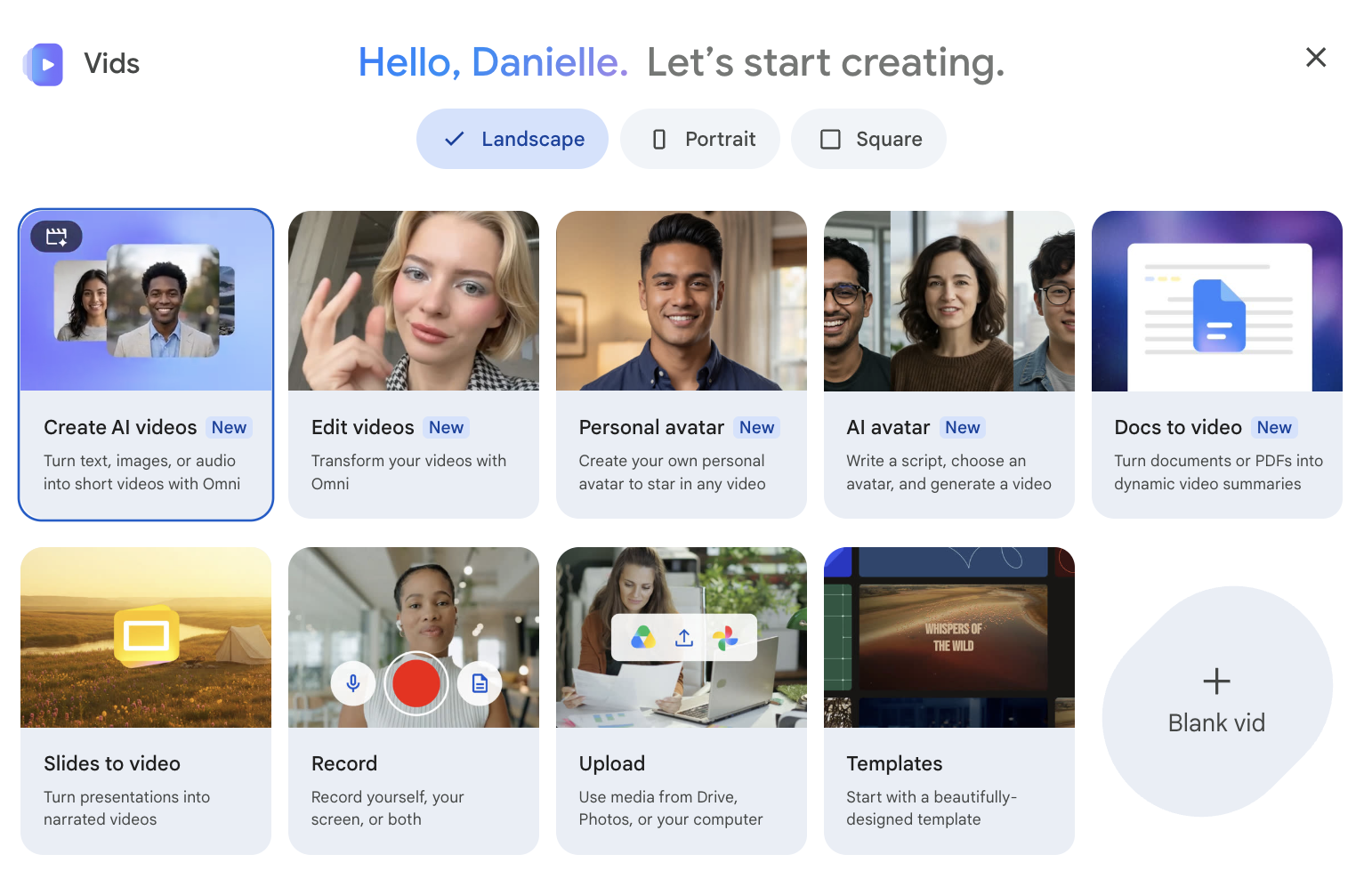 Google Vids start screen with options to record, upload, or create AI videos