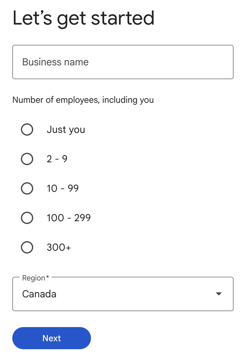 Google Workspace sign-up screen asking for business name, number of employees and region