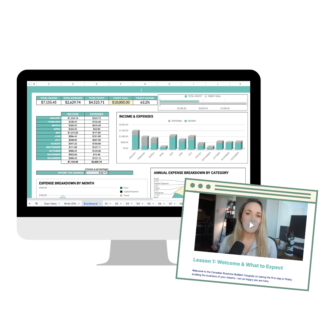 Small Business Bookkeeping Template dashboard and Canadian Business Builder course preview